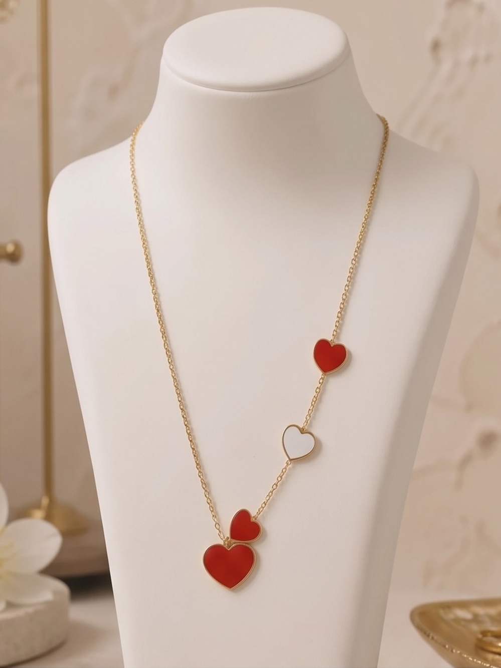 Gold-Tone Necklace with Red and White Heart Charms